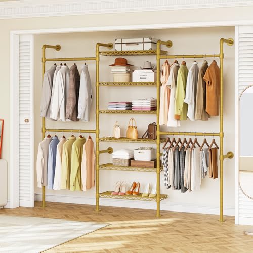 ONBRILL H3 Wall Mounted Closet System, Expandable Industrial Pipe Clothes Rack Clothing Rack for Hanging Clothes, Heavy Duty Closet Organizers and Storage in Wardrobe Closet, Gold - color: Gold