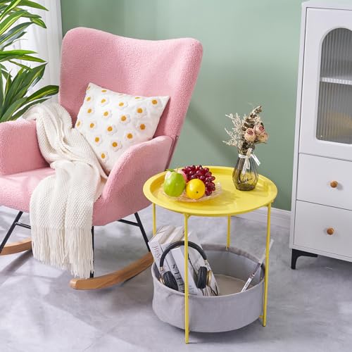 VECELO Round Side/End Table with Fabric Storage Basket，Metal Anti-Rust and Waterproof Small Bedside Nightstand with Removable Tray Top for Living Room，Balcony & Laundry，Yellow /1pcs with Basket - color: Yellow, size: 1 PCS with Basket