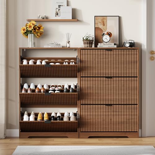 Shoe Cabinet Storage for Entryway with 3 Flip Drawers, Walnut Fluted Shoe Cabinet with Adjustable Shelves, Wooden Hidden Shoe Rack Freestanding Narrow Slim Shoes Storage for Hallway, Entrance - color: Walnut, size: 3 Drawer