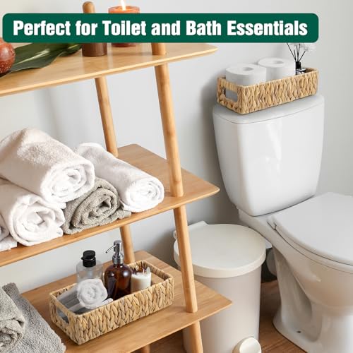 dreamkey Set of 2 Water Hyacinth Toilet Paper Storage Baskets, Wicker Bathroom Organizer for Toilet Tank Top, Small Hand-Woven Decorative Nesting Baskets with Handles - style: Rustic