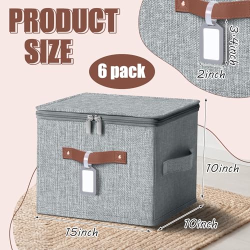 6 Pack 15 Inch Fabric Closet Storage Bins with Lids, 15x10x10In Large Foldable Cotton Linen Storage Cubes Boxes with PU Handle & Label Holder for Bedroom Organization, Shelf, Nursery, Gray - color: Gray, size: 15×10×10in