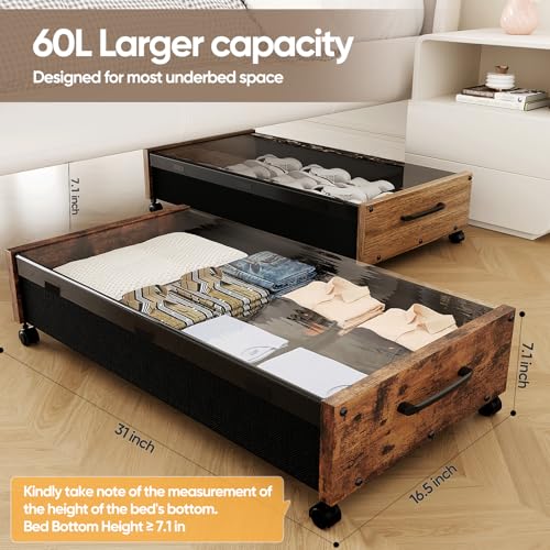 KITHELP Wooden Under Bed Storage with Wheels, Rolling Under the Bed Storage Bins with Removable Lid, Metal Under Bed Drawers for Clothes and Shoes in Bedroom or Living Room(Black Wood-2pack) - color: Black wood-2pack