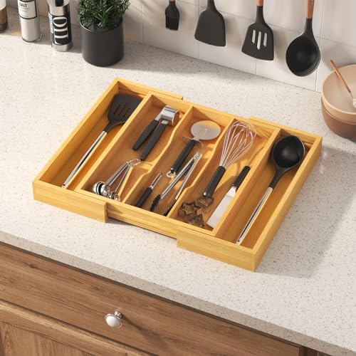 Lifewit Utensil Organizer for Kitchen Drawer, Expandable Cooking Utensil Tray, Cutlery Silverware Flatware Holder, Wood Adjustable Spatula Tools Storage Divider, 13-22x15/ 33-56x38cm, Natural - color: Natural, size: 12.6~22.4''W x 15'' D