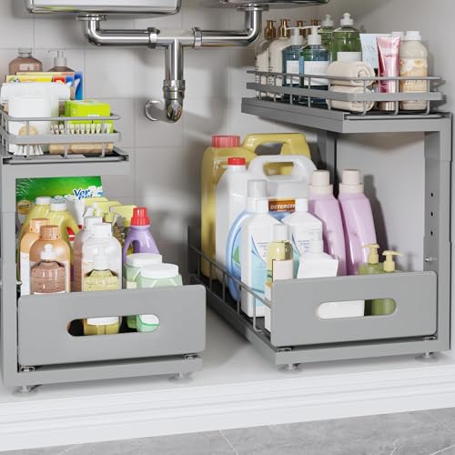 Under Sink Organizer Upgrade To Professional Rails,2-Tier Dual Pull Out Cabinet Storage,Height Adjustable Slide Out Drawers For Bathroom Kitchen,2 Pack-16.7"Dx12.8"-16.9"H,Gun Gray - color: Gun Gray, size: 2 Pack-16.7"Dx12.8"-16.9"H