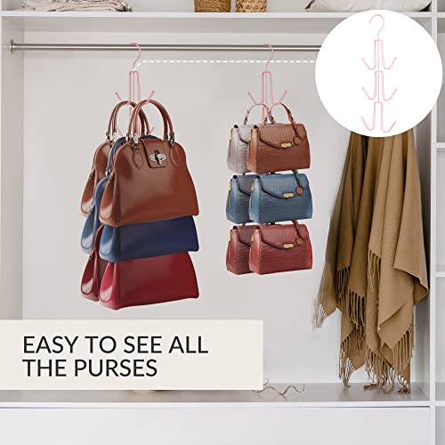 ZEDODIER 4 Pack Purse Organizer for Closet, Heavy-Duty Hanging Purse Hanger Closet Holds Up to 24 Purses, Metal Rotating Space Saving Bag Holder Handbag Storage Hook Backpack Rack, Pink - color: Pink, size: 4 Pack