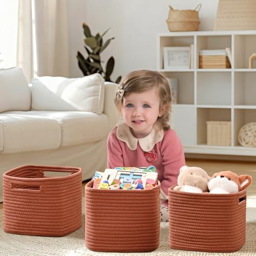 3 Pack Cube Storage Bin, 9”x9”x7” Cotton Rope Woven Baskets for Organizing Toys Clothes Towels, Square Gift Storage Baskets for Shelves, Nursery, Closet, Bathroom, Pantry (Red) - color: Red, size: 9" x 9" x 7"