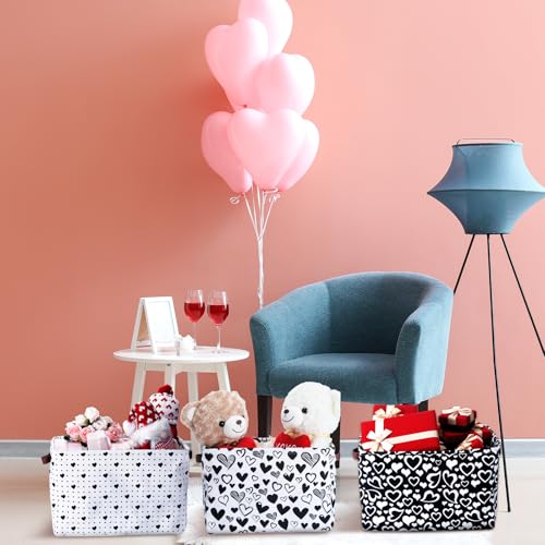Geelin 3 Pcs Valentines Baskets Storage Valentine's Day Basket for Gifts Collapsible Waterproof Canvas Black and White Heart Storage Bin Organizer with Handles for Book Closet Shelf Nursery Decor - style: Valentines Black and White
