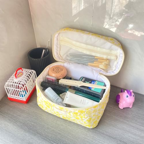 Yellow Large Quilted Floral Makeup Bag Cute Soft Coquette Aesthetic Cosmetic Bag Cotton Travel Toiletry Bag for Women - color: A-Yellow