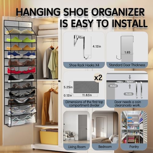 Kotkn Over The Door Shoe Organizer with 12 Large Breathable Pockets - Durable Hanging Storage for the Entire Family's Shoes (Gray) - color: Gray