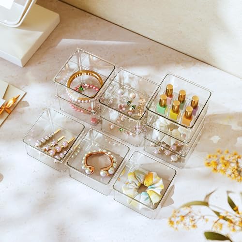 Hudgan 24 Pcs Small Drawer Organizer BinsSet, Stackable Drawer Divider Trays for Makeup Vanity, Bathroom, Office Desk, Straight Sides Tray Perfect for Craft Supplies, Cosmetics