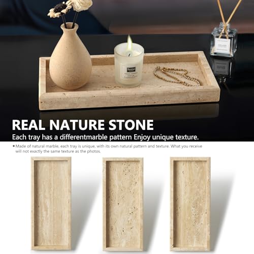 Real Natural Small Marble Tray for Bathroom, Vanity, Kitchen and Desktop, Rectangle Genuine Marble Stone Tray for Jewelry, Cosmetics, Candles, Lotion, Perfume and Home Decor - color: Travertine, size: 12" x 5" x 1.2"