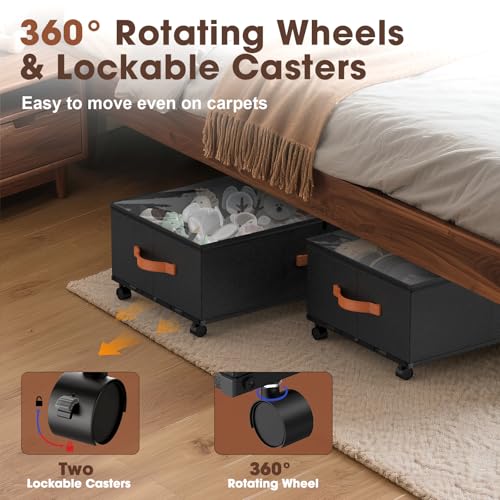 Eastherry Under Bed Storage Containers with Wheels, 9.5 inches Higher Underbed Shoes Blankets Clothes Toy Storage Drawers for College Dorms Bedrooms Nursery Rooms Organization, 2 Pack to be Assembled - color: Black