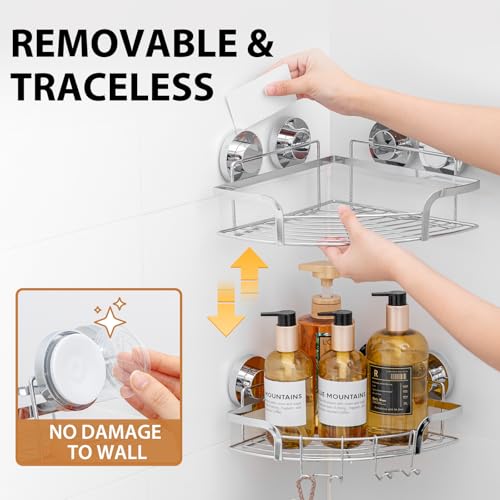 LEVERLOC 2 Pack Powerful Suction Cup Corner Shower Caddy, Stainless Steel Rustproof Shower Shelf with Hooks, Drill-Free Wall Mounted Bathroom Organizer, Large Capacity Removable Suction Basket, Silver - style: Corner Caddy, Silver