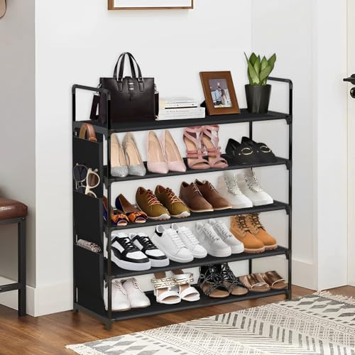 5 Tier Shoe Rack Organizer, Freestanding Shoe Storage Shelf with Side Pockets & Hooks, Waterproof Non-Woven Fabric Shoe Stand for Entryway, Closet, Bedroom, Holds Up to 20 Pairs of Shoes.(Black)