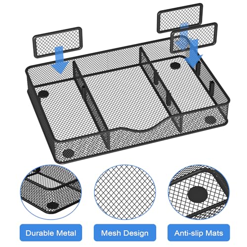 VyGrow Desk Drawer Organizer, Metal Mesh Drawer Organizer Tray with 6 Adjustable Compartment, Tray Organizer for Desktop, Kitchen, Bathroom, Makeup, Vanity - 14.5x8.8x1.96 inch, Black, 1PC Large - color: 1PC Large