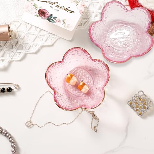 Gifts for Women Trinket Dish Flower Jewelry Dish Pink Glass Ring Holder Jewellery Tray Cute Room Decor Aesthetic Bedroom Accessories Unique Birthday New Home Mothers Day Gifts for Women Friends(2 pcs) - color: 2 Pcs Pink-9cm
