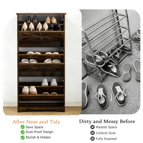 Shoe Storage Cabinet with 3 Flip Drawers, Farmhouse Shoe Organizer with Barn Door Design, Space-Saving Hidden Narrow Shoe Rack Cabinet for Entryway, Hallway & Foyer，Brown - color: Brown, size: 1 pcs-3 Flip Drawers