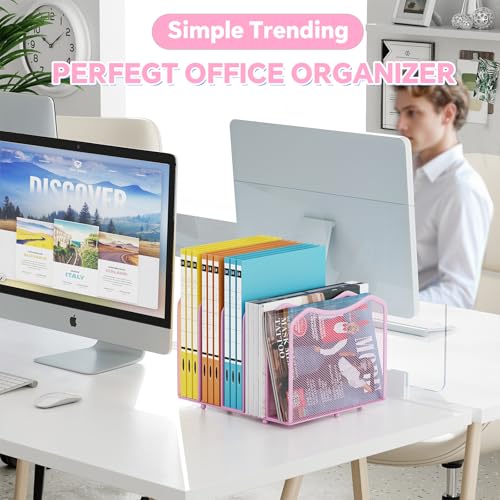 Simple Trending Mesh Desktop File Sorter Organizer, 5-Section Bookshelf for Desk Home Office, Pink - style: 5 Section Pink