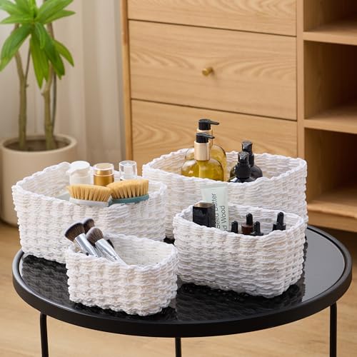 4PCS Woven Storage Baskets Set, Small Baskets for Organizing, Square Handwoven Paper Rope Organizer Bins for Shelves and Home Storage (White) - color: white