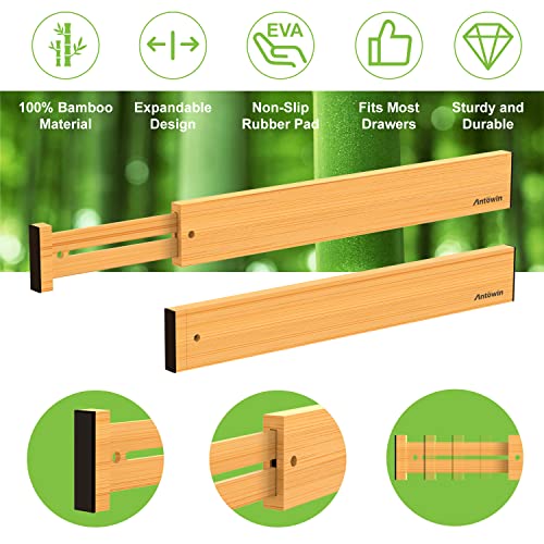 ANTOWIN Bamboo Drawer Dividers, Expandable Drawer Separators Splitter, 17-22 inches Adjustable Spring-loaded Organizer for Large Utensil, Clothes, Tools Drawers, 6 Pack Dividers + 4 Pack Baffle - color: Yellow