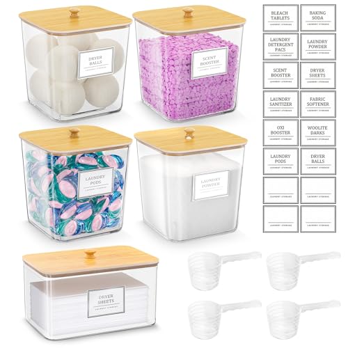 4+1 Pack Laundry Room Organization Containers,Clear Laundry Pods Container,Large Laundry Detergent Powder Storage Containers with Wooden Lids & Labels,Laundry Pods Holder for Scent Booster,Powder,Pods - style: 4+1 Pack