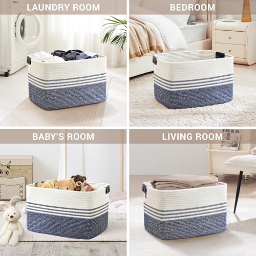 100L Extra Large Laundry Basket with Leather Handles for Living Room Storage,Woven Rope Baskets for Blanket,Kids Toy,Gifts,Wicker Hamper for Bedroom Dirty Clothes,24"x16"x16" Denim Blue - color: Denim Blue, size: 100L