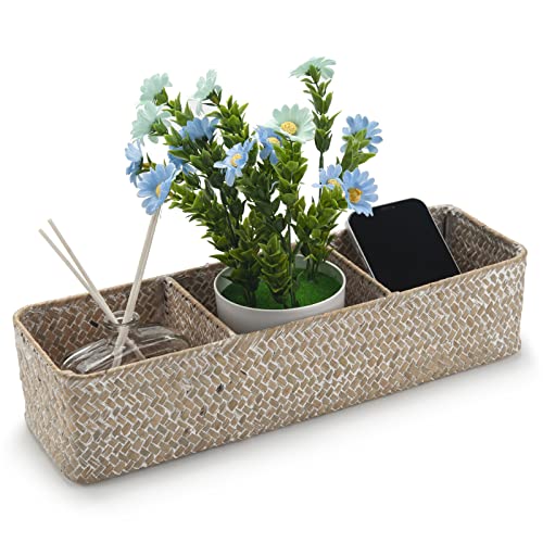 Seagrass Storage Basket 3 Sections Woven Shelf Baskets with Compartment (Whitewash, 14.6inch x 4.7inch x 3.1inch) - color: Whitewash 3 Sections without Lid