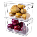 2 Pack Large Stackable Storage Bins, Plastic Container Organizer with Open Front, Pantry Organizers and Storage for Potato, Onion, Fruit and Vegetable, Clear Kitchen Laundry Organizer with Lid
