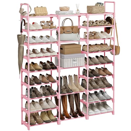 WOWLIVE 9 Tiers Shoe Rack Shoe Storage Shoe Organizer 50-55 Pairs Shoe Tower Unit Shelf Durable Metal Pipes with Plastic Connectors Stackable Cabinet Pink - color: Pink, size: 3 Row 9 Tier