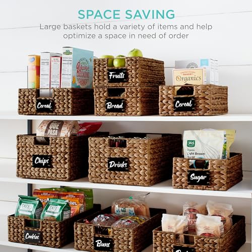 Best Choice Products Set of 4 9x12in Water Hyacinth Pantry Baskets, Woven Organizers w/Chalkboard Label, Chalk Marker - Chestnut - color: Chestnut, size: 9x12x5in