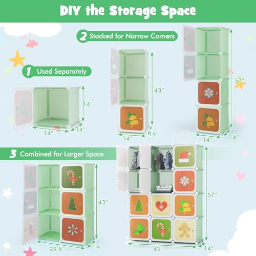 HONEY JOY Kids Wardrobe Closet, Baby Cartoon Clothes Storage Organizer, 12 Cubes & 2 Hanging Sections, Portable Children DIY Modular Bedroom Armoire Dresser Cabinet for Boys Girls (Green) - color: Green, size: 12-Cube