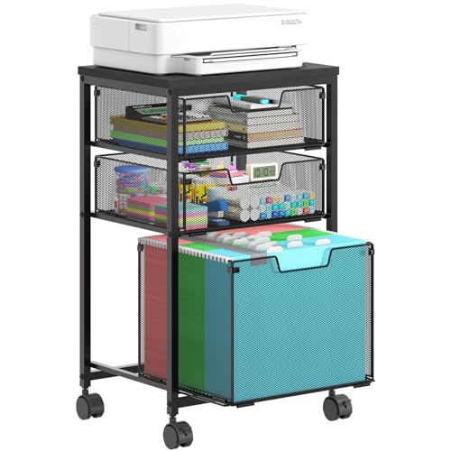 Sbanmao Rolling File Cart with 3 Drawers, Filing Cabinet, Hanging Folder Holder Organizer with Wheels, Under Desk Storage Utility Cart, File Cabinet Printer Stand for Home Office, Black - color: Black, size: 2 Small + 1 Large Drawers