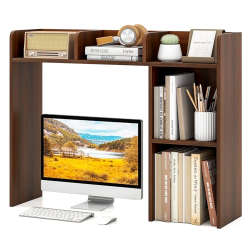 Tangkula Desktop Bookshelf, Countertop Storage Hutch with Shelves for Computer Desk, Desk 3-Tier Display Rack, Multipurpose Wood Desktop Hutch Storage Organizer for Dorm Office (Walnut,5 Shelves) - color: Walnut, size: 5 Shelves
