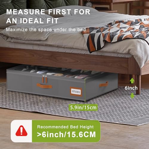 homyfort Shoe Organizer Under Bed, Fits 32 Pairs, Under bed Shoe Storage Boxes with Study Handles and Clear Cover, zapateras organizer for shoes, set of 2 - color: Grey, style: Modern