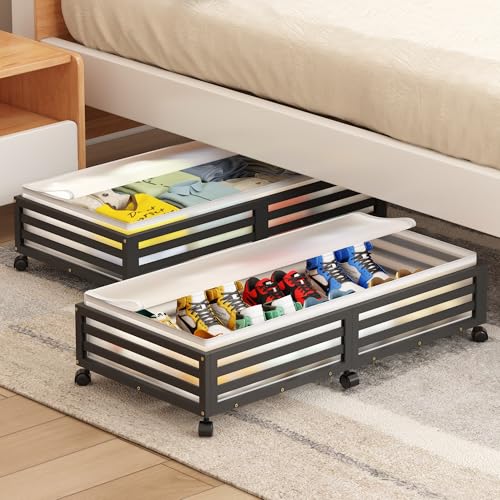 Under Bed Storage Containers With Wheels - 2 Pcs Large Bamboo Wood Rolling Underbed Shoe Storage Bins With Dust Bags for Clothes Blankets, Duvet Covers Snacks Toys (Black) - color: Black, size: L