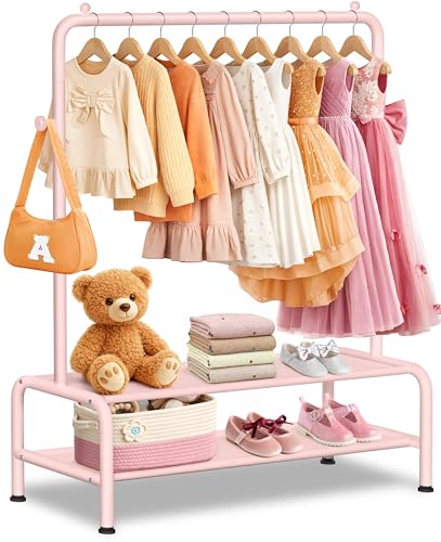 mirolam Kids Clothing Rack - Dress Up Storage - Dress Up Rack for Little Girls - Small Kids Costume Wardrobe with 2 Fabric Shelves - Princess Room Bedroom Decor - color: Pink