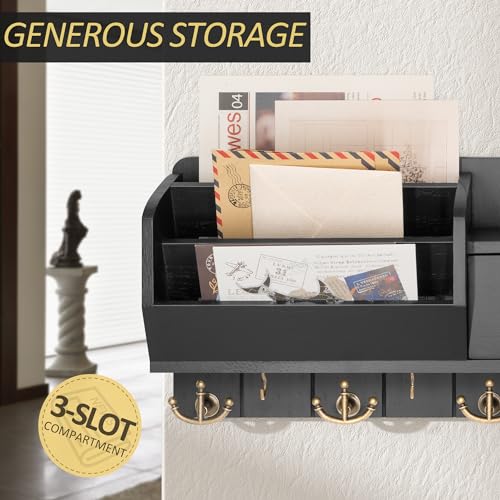 Rebee Vision Key Holder Wall Mount with Mail Sorter - Decorative Mail Organizer for Wall with Key Hooks and Drawer Organizer - Modern Home Essentials for Room Decor (Black) - color: Black