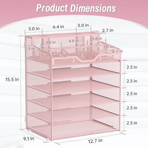 6 Tier Mesh Desk Organizer,Multi Functional Letter Paper Tray with 3 Pen Holders and 5 Adjustable Storage Compartments for Office Supplies Files and Mail Space Saving Desktop Organizer-Pink - color: 6 Tier-pink