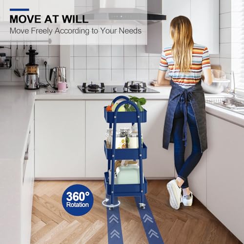 EAGMAK 3 Tier Utility Rolling Cart, Metal Storage Cart with Handle and Lockable Wheels, Multifunctional Storage Organizer Trolley with Mesh Baskets for Kitchen, Living Room, Office, Garage (Indigo) - color: Indigo Blue, size: Normal