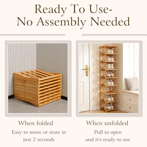 Foldable Shoe Rack, Tier No-Assembly Bamboo Rack, 2026 New Portable Bamboo Corner Shoe Rack, Multifunctional Narrow Shoe Shelf for Entryway, Closet, Corner, Bedroom (5 Layers)