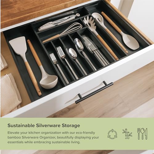 KitchenEdge Premium Silverware, Flatware and Utensil Organizer for Kitchen Drawers, Food-Safe Contract Grade, Expandable from 14.5 to 25 In, Black Bamboo - color: Black Bamboo, size: From 14.5" to 25" wide