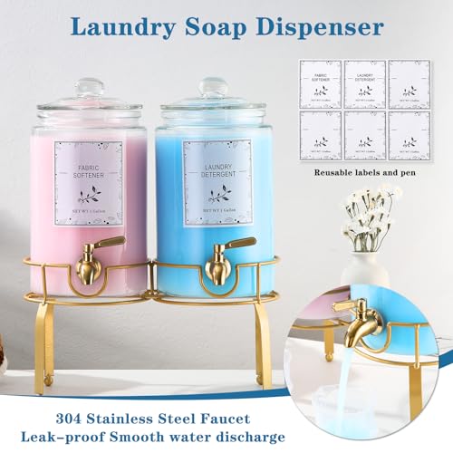 Glass Laundry Detergent Dispenser- 1 Gallon Glass Fabric Softener Dispenser with Leak-Proof Stainless Steel Faucet & Stand. Large Laundry Soap Container for Washer Room Organization &Storage