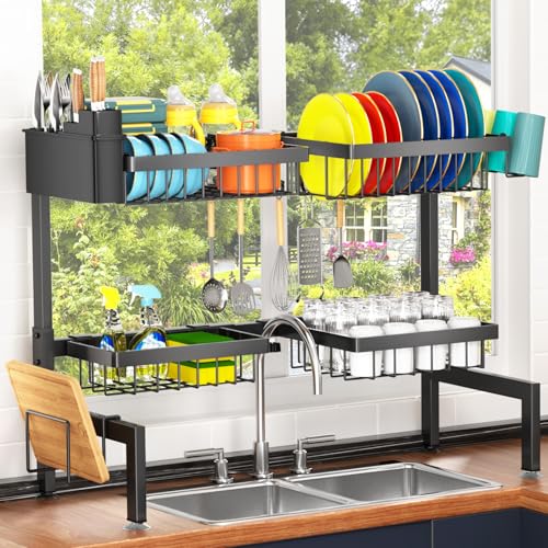 YKLSLH 4 Baskets Over The Sink Dish Drying Rack, Extendable Large Capacity Sink Rack, Metal Drying Rack Saving Space,for Most Sinks (26.57"-35") - color: Black, size: 2 tiers 4 baskets