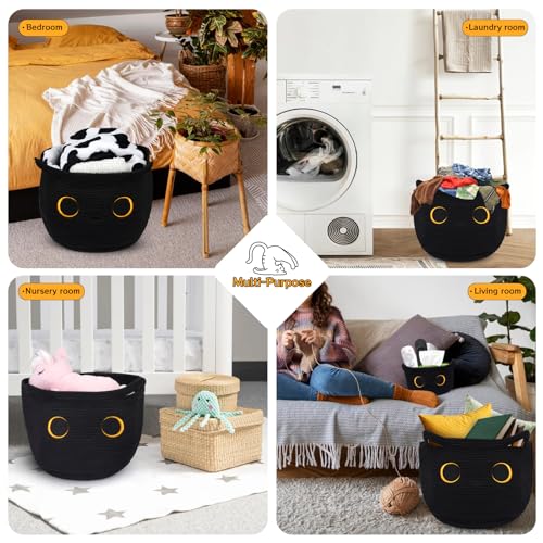 Cute Black Cat Round Basket - Cotton Rope Baskets Large Baby Laundry Blasket for Nursery, Woven Blanket Basket Hamper With Handle Toy Storage Basket for Gifts, Baby Shower 14 ×12 inchs 30.5L - color: Black, size: 14 × 12 inches
