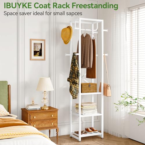 IBUYKE Coat Rack with Shelves, Freestanding Hall Tree with 3 Shelves and 8 Hooks, Industrial Clothes Stand for Entryway, Hallway, Bedroom, White UTMJ088W - color: White