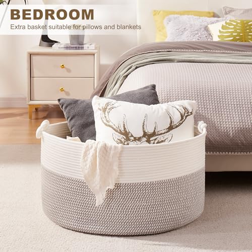 OIASKET Large Blanket Storage Basket for Living Room, 22.8" x 22.8" x 13" Woven Cotton Rope Basket with Handles, Baby Toy Storage, Laundry Hamper for Clothes, Pillows, Towels-Grey and White - color: Grey and White, size: 90L
