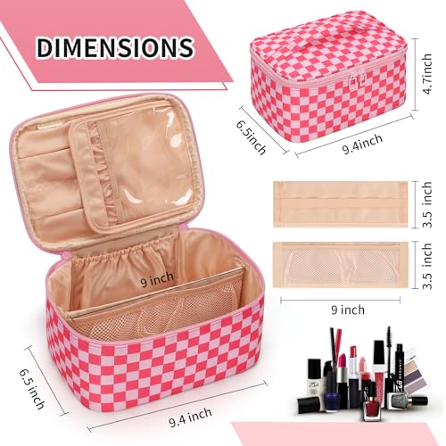 OCHEAL Makeup Bag Portable Cosmetic Bag For Women, Large Capacity Travel Makeup Case Organizer, Toiletry Bag for Girls Traveling With Handle and Divider-Pink - color: 0021_Grid Rose Red, size: Medium