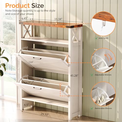 VINGLI Farmhouse Shoe Cabinet with 2 Flip Drawers, Slim Entryway Shoe Storage Organizer with Open Shelf, Freestanding Wood Shoe Rack for Hallway, Rustic White & Brown (31.5" W) - color: Rustic White + Vintage Brown, size: 31.5"W 2 Drawers