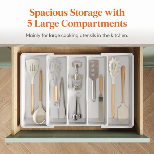 Lifewit Utensil Organizer for Kitchen Drawers, Expandable Cooking Utensil Tray, Adjustable Cutlery Silverware Flatware Holder, Plastic Spatula Tools Storage Divider, 13-22 x 15", White - color: White, size: Large(13-22''W x 15"D)