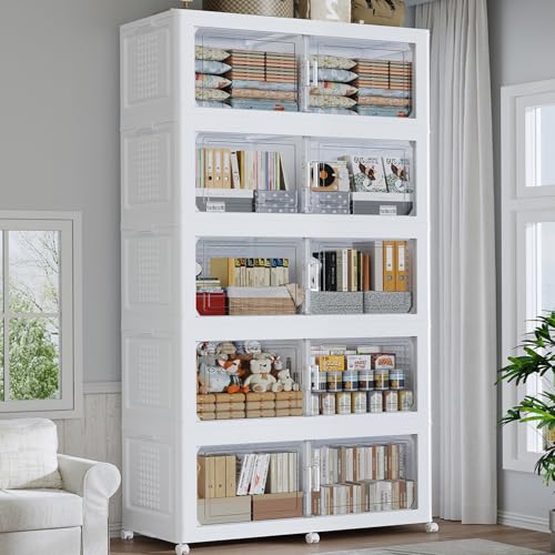 250GAL Storage Bins with Lid and Wheels, Stackable Closet Organizers and Storage Drawer, Collapsible Storage Box with Dividers, Foldable Plastic Cabinets for Room, Kitchen, 5 Pack White - color: White, size: 50Gal-5Pack